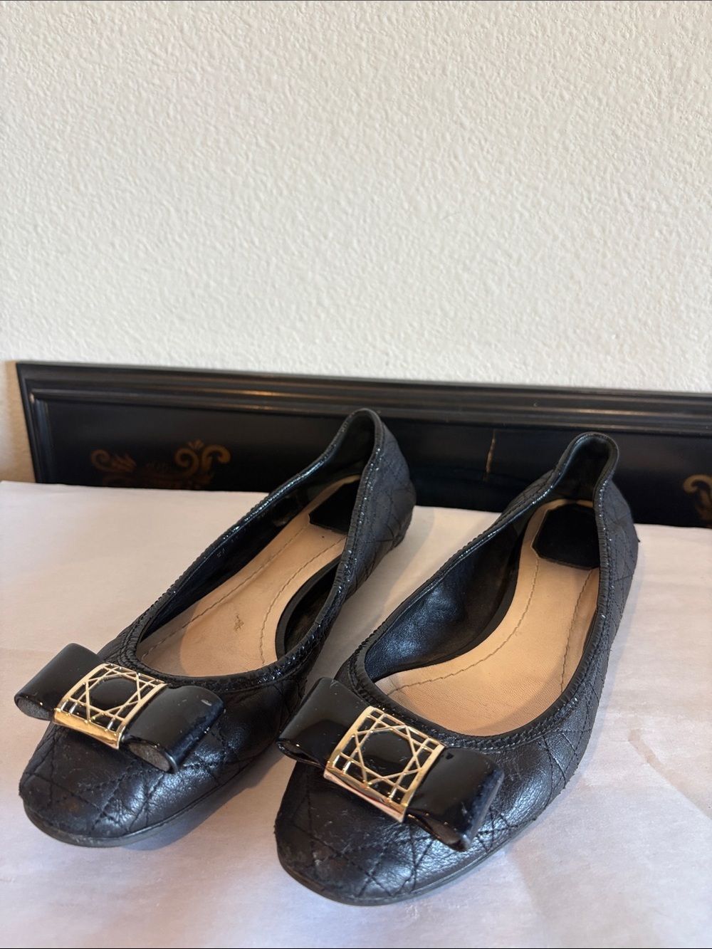 Dior Black Quilted cannage Leather Bow Ballet Flats with silver bow Accent